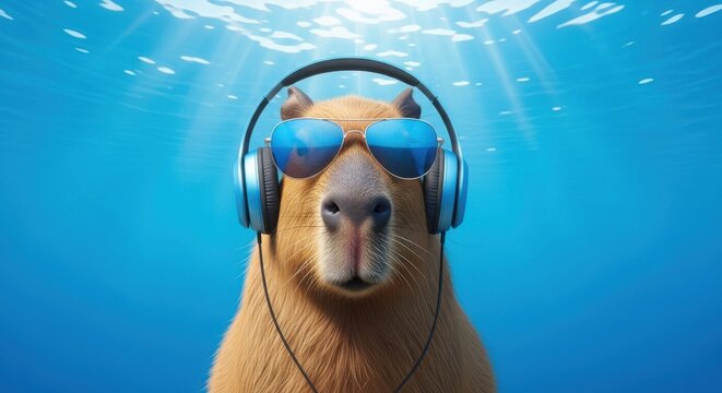 Cool capybara underwater adventure with headphones and goggles a fun wildlife portrait