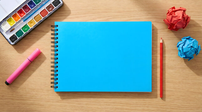 Creative mockup workspace featuring a blue notebook, colorful pencils, crumpled paper, and watercolor paints
