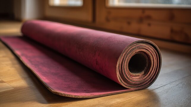 A deeply colored, well-worn burgundy yoga mat rolled on a wooden surface, inviting personal fitness and wellness practices.