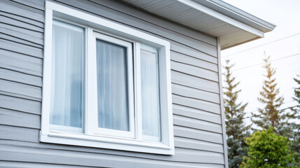 Fototapeta premium Residential building wall featuring gray vinyl siding and white trim around a new window, suggesting home construction or renovation