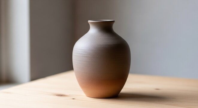 A single, round, brown ceramic vase with a smooth, matte finish sits on a wooden table in a well-lit room with a window in the background.