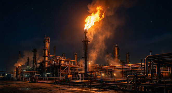 Oil refinery facility illuminated at night with a large burning flare stack