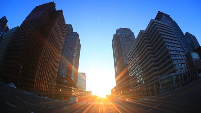 丸ノ内のビル群と行き交う自動車と朝日と東京駅遠望