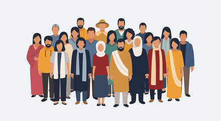 A diverse group of multi-ethnic people from various cultures and backgrounds standing together, symbolizing global unity, community, and social inclusion in a flat illustration style
