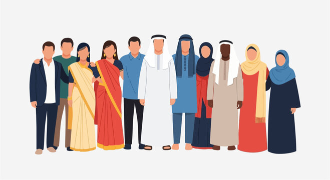 A diverse group of men and women in traditional clothing standing together, representing multiculturalism and unity