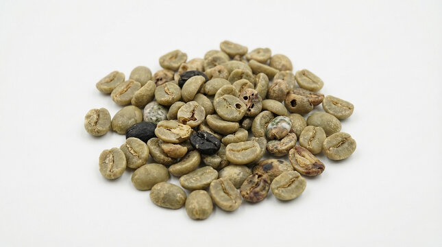 Assortment of defective green coffee beans Coffea canephora showing various defects like black beans broken and pest damage isolated on white background