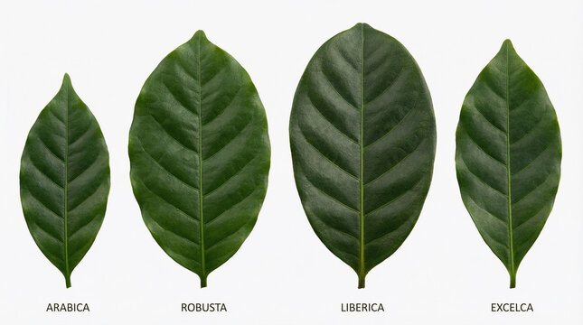 Comparison of four coffee leaf types including Arabica (Coffea arabica), Robusta (Coffea canephora), Liberica (Coffea liberica), and Excelsa (Coffea excelsa) arranged in a row on a white background