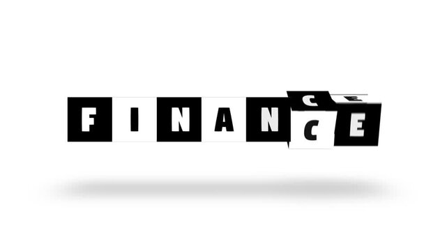 finance text word block turning black white letter cube spin slow motion animation. white background. 3D. 3D rendering, Stamp or Seal neon glow with shadow intro outro signs isolated on alpha channel