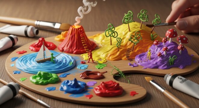 A colorful, artistically arranged palette with various colors and objects, including a volcano, trees, and mushrooms, on a wooden surface with a hand holding a paintbrush in the background.