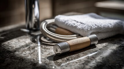 Fototapeta premium Elegant Stainless Steel Jump Rope with Natural Wooden Handles, Perfect for Fitness Training and Cardio Workouts