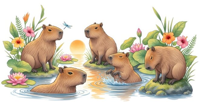 Charming capybara family a watercolor illustration of south american rodents in a lush habitat