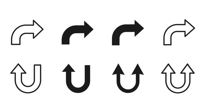 Set of simple curved and U-shaped arrows for navigation and direction indication