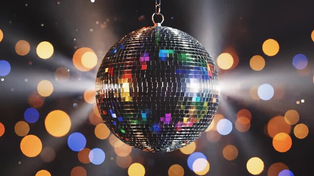 Hanging disco ball with colorful lights for commercial backgrounds, digital design, and advertising