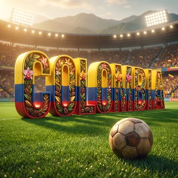 Colombia stadium with soccer ball and floral 3D text