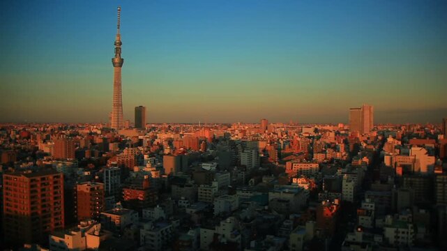 東京スカイツリーと両国の街並の夕景から夜景