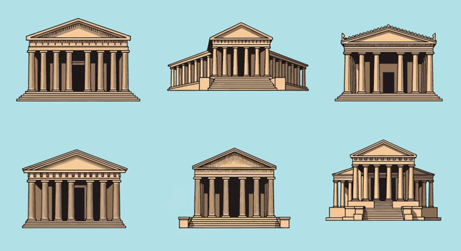 Set of six classical ancient Greek and Roman temple illustrations with columns, pediments, and steps, shown on a light blue background in a flat vector architectural style.