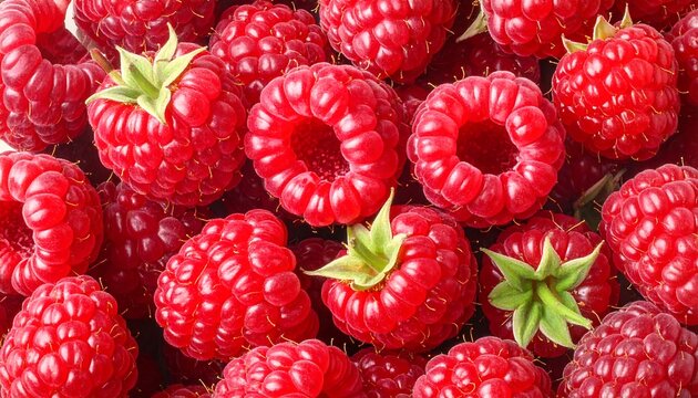 Pile of raspberries. Ripe, red berries form a dense, close-up pattern with green stems visible