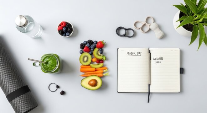 A healthy meal of fruits and vegetables arranged on a white surface with a notebook and a plant, with a green smoothie and a yoga mat nearby.
