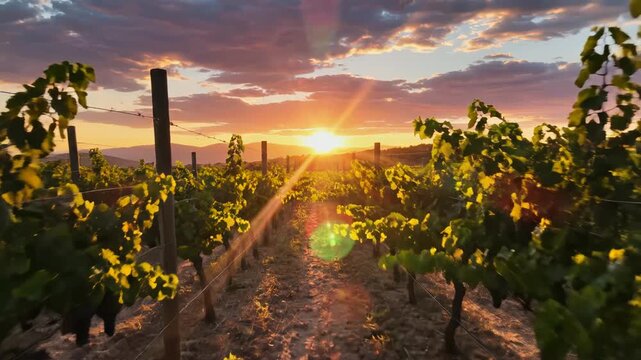 Sunset in a grapevine field for environmental projects, nature documentaries, and commercials