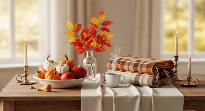 A cozy autumnal setting with a vase of autumn leaves, a stack of blankets, and a bowl of pumpkins on a wooden table in front of a window with candles and a warm glow.