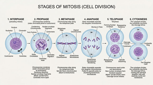 Stages of mitosis showing each phase in detail with clear labeled diagrams and descriptions of the process in a science context