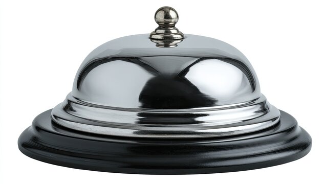 Polished metal bell with dome and orb on dark wooden base