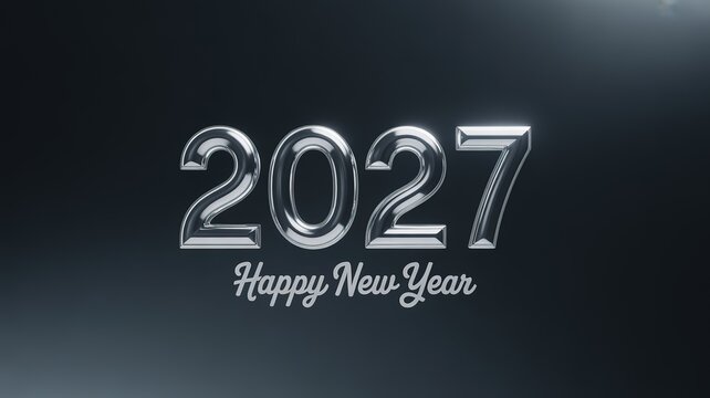 Luxury 3D Chrome 2027 New Year Greeting with Glossed Metallic Numerals on Dark Gradient Background for Formal Invitation Banner and Corporate Holiday Campaign
