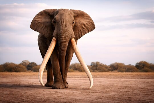 African elephant with giant long tusks standing in savanna landscape background