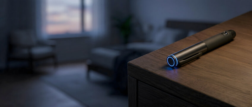 Sleek modern smart device with a glowing blue indicator light resting on a wooden nightstand in a dimly lit bedroom.
