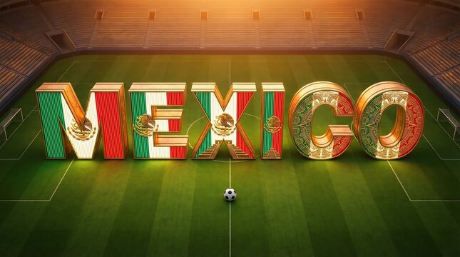 Mexico soccer stadium with flag design letters and ball