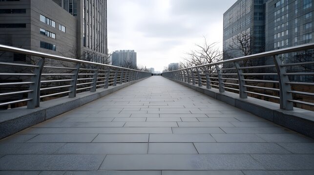 A straight modernist skywalk extends into the distance framed by tall buildings under an overcast sky