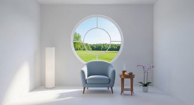 A minimalist white room with a round window, a blue armchair, a wooden table with a plant, and a lamp.