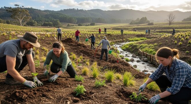 People planting trees in a field, with a stream running through it, under a clear sky with a few clouds.