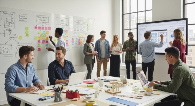 A diverse group of people in a modern office setting, collaborating on a project using a large interactive whiteboard and digital tablet.