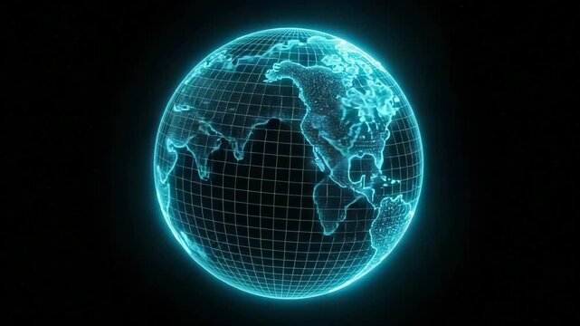 Neon glowing globe with grid on black background  