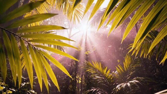 Sunlight filtering through tropical leaves for environmental projects, nature documentaries, and commercials