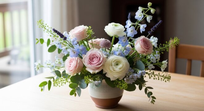 A beautifully arranged floral centerpiece with pink and white roses, blue delphinium, and greenery in a white ceramic vase on a wooden table.