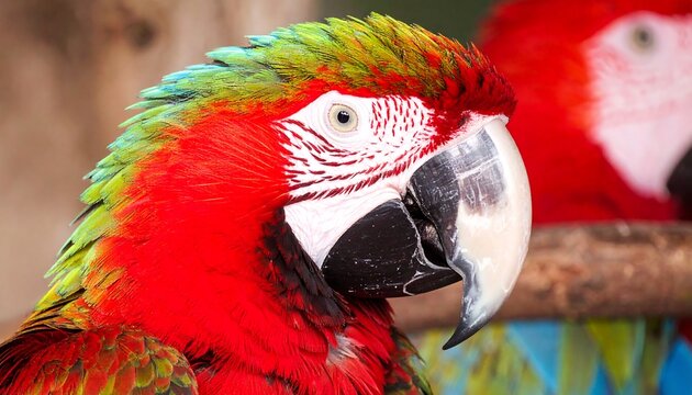 Colorful parrot headshot; red body, green feathers, prominent beak, blurred background