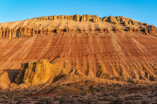 Colorful layered geological sandstone texture erosion in Altyn Emel