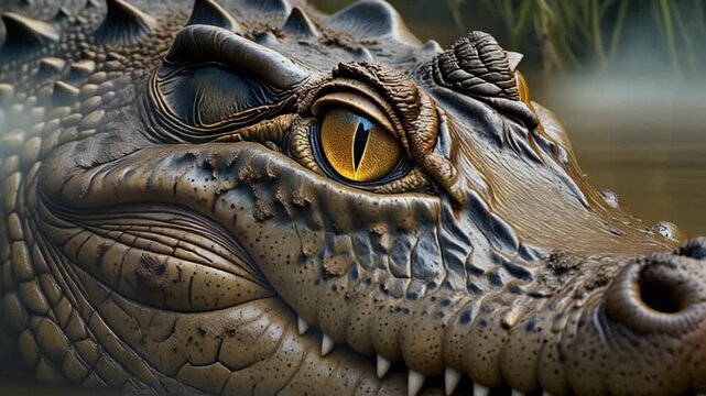 Close up of a Crocodile Eye and Scaly Skin in Murky Water