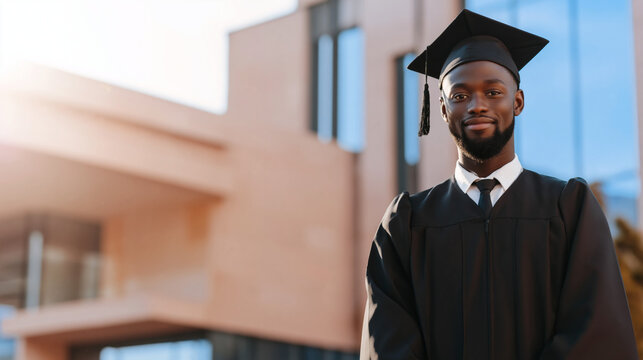 Smiling male graduate in cap and gown standing outside a modern university building with copy space