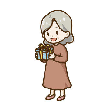 Happy Senior Woman Holding a Gift Box, Chibi Style Anime Vector (プレゼントをもらう笑顔のシニア女性のベクターイラスト)