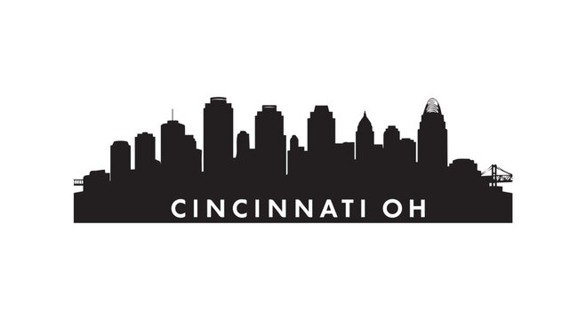 Cincinnati skyline silhouette ohio city landscape buildings landmark urban architecture panoramic view text design graphics.