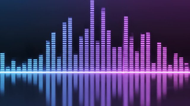 Colorful audio equalizer bars on reflective surface for commercial backgrounds, digital design, and advertising