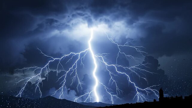 Lightning striking through stormy sky for environmental projects, nature documentaries, and commercials
