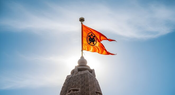 Bright Orange Flag with Hanuman Symbol Flying atop a Temple Spire in Clear Sky During Daylight