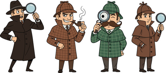 Detective characters set with magnifying glass pipe and classic coats in different poses isolated cartoon vector illustration © Rubya