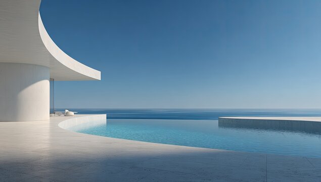 A minimalist architectural design seamlessly blends with a tranquil ocean view and infinity pool.