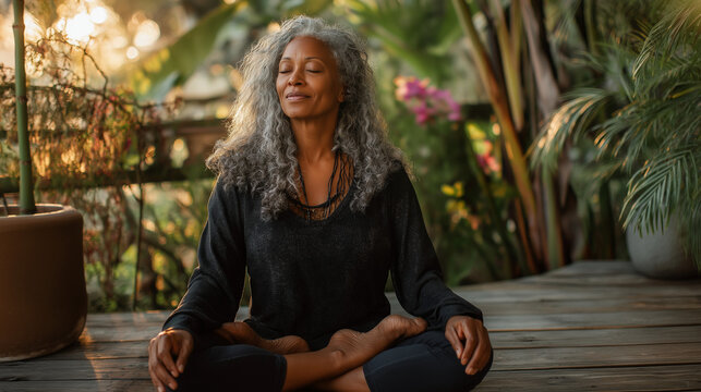 Serene Senior Woman with Grey Locs Meditating on Wooden Deck