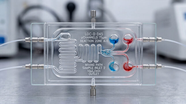 Detailed view of a microfluidic device showcasing channels for chemical reactions and fluid mixing in a laboratory setting